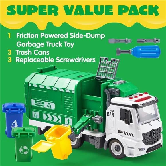 Recycling Garbage Truck Toy, Kids DIY Assembly Friction Powered Side-Dump Toy - Picture 5 of 6